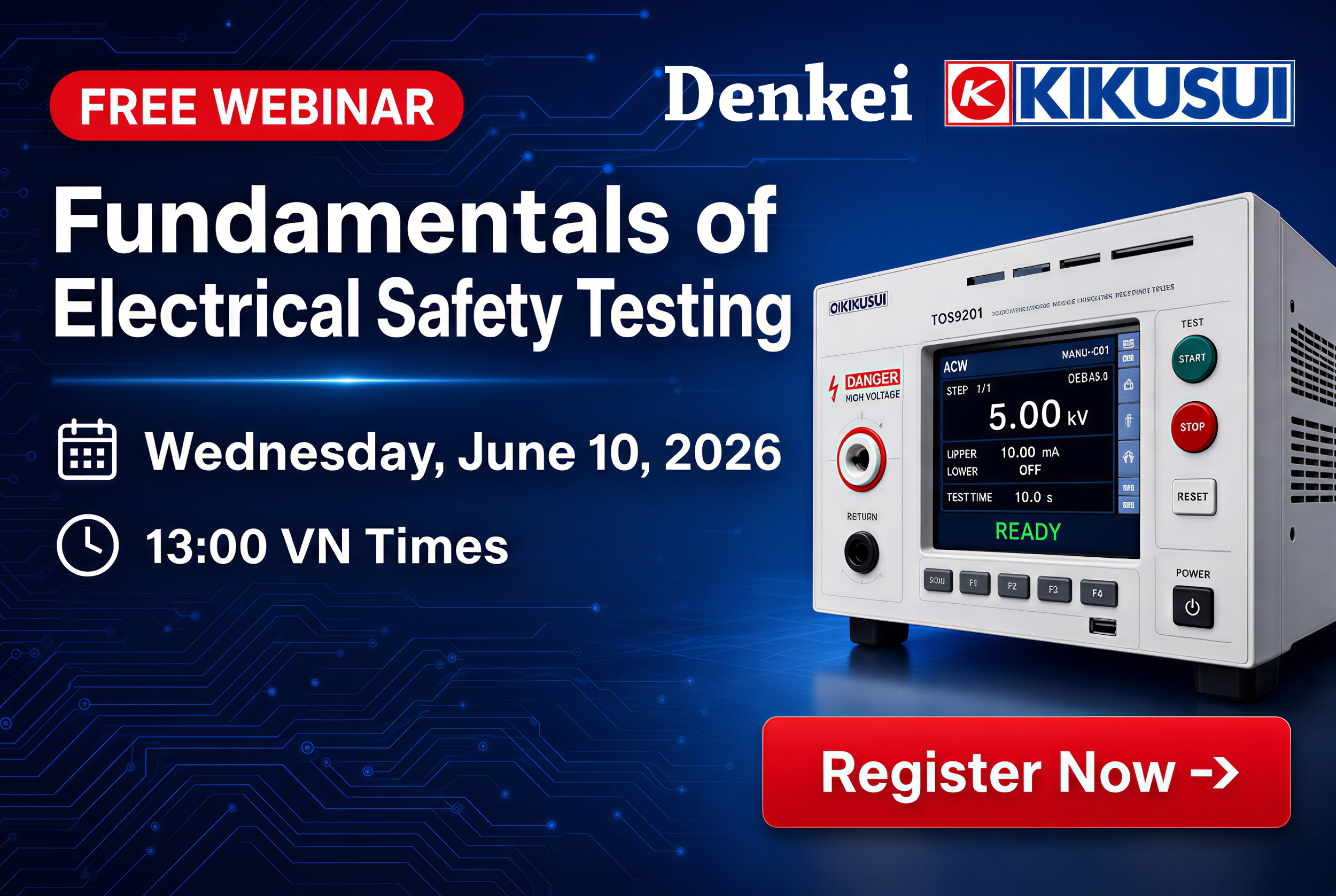 Banner webinar về an toàn điện của KIKUSUI